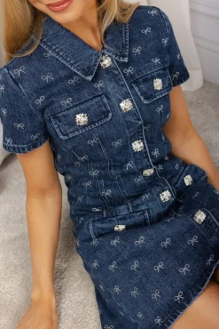 Diamante Bow Mini Button Dress Denim Blue^SELF-PORTRAIT Sale
