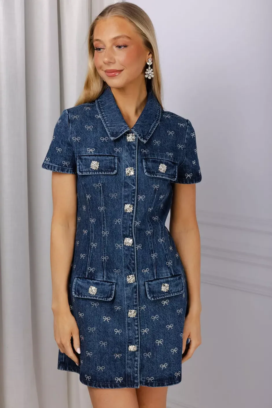 Diamante Bow Mini Button Dress Denim Blue^SELF-PORTRAIT Sale