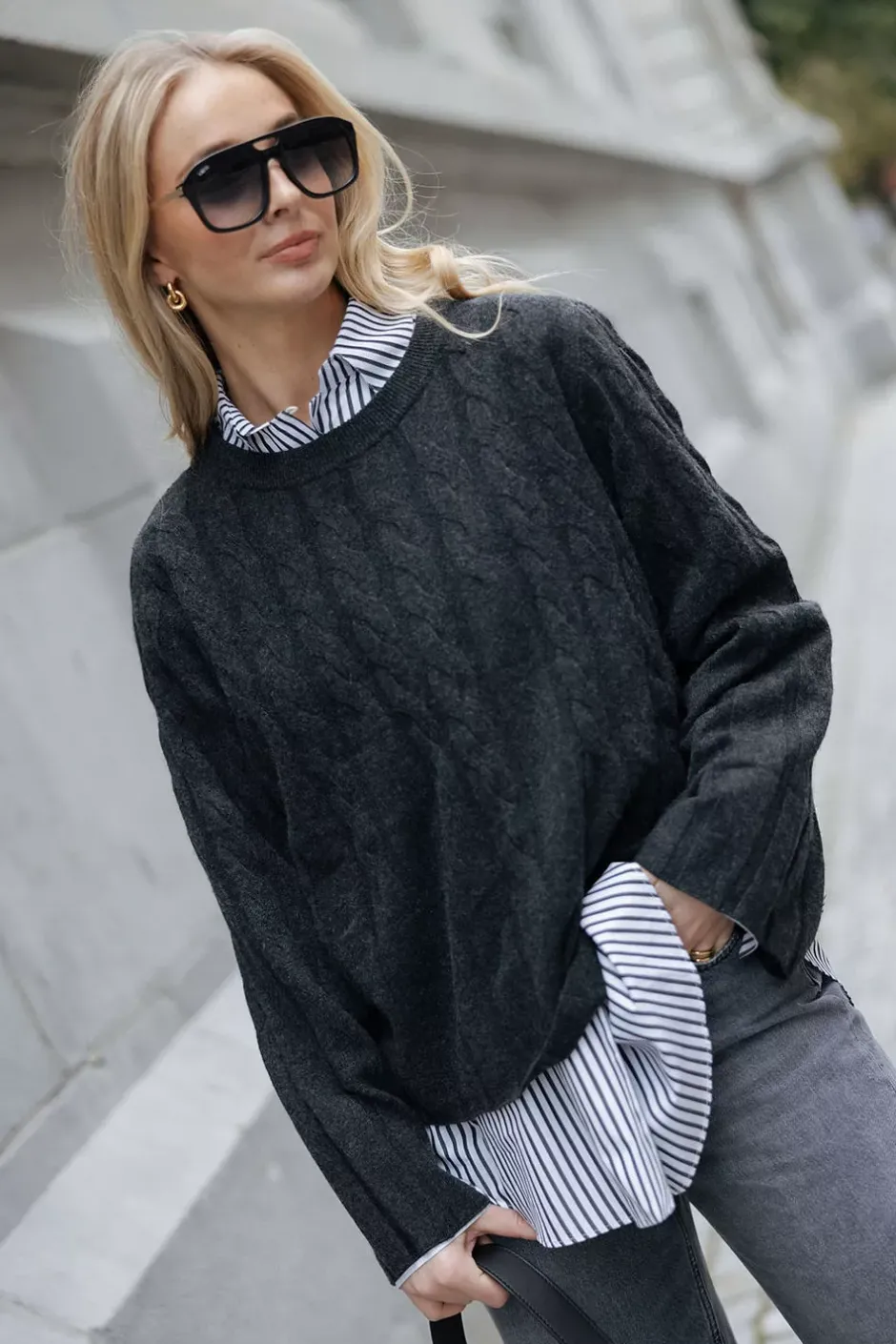 Faded Cable Knit Graphite Grey^CARMA Fashion