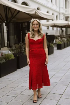 Lattice Lace Midi Dress Red^SELF-PORTRAIT Clearance