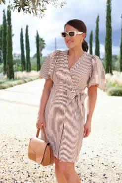 Sophia Short Wrap Dress Brown Stripe^HIIL STUDIO Fashion