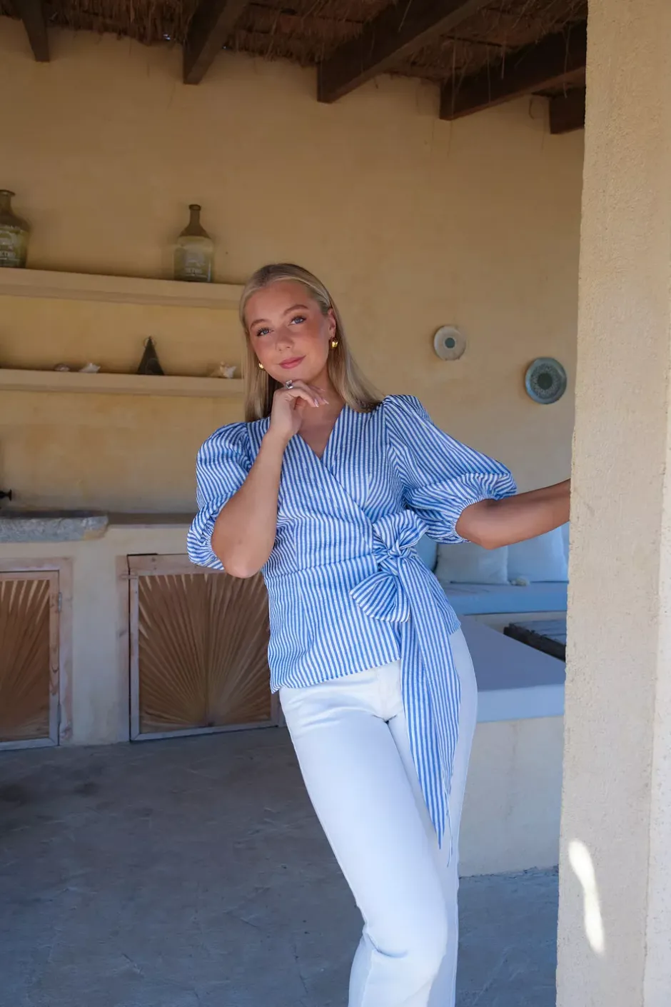 Sophia Wrap Blouse Blue Stripe^HIIL STUDIO Outlet