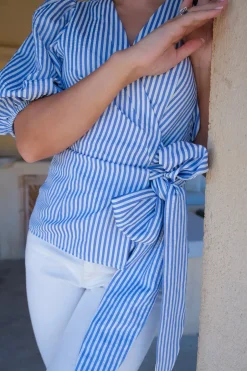 Sophia Wrap Blouse Blue Stripe^HIIL STUDIO Outlet