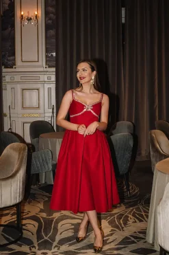 Textured Diamante Midi Dress Red^SELF-PORTRAIT Sale