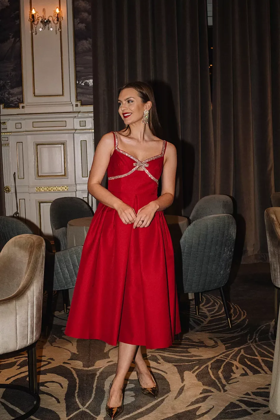 Textured Diamante Midi Dress Red^SELF-PORTRAIT Sale